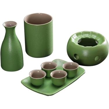 Imagem de TLTDSMY Conjunto de saquê de cerâmica com panela quente e bandeja - Conjunto de saki quente de cerâmica japonesa tradicional com 8 peças, incluindo 1 pote de saquê, 4 copos de saquê, 1 caneca aquecida