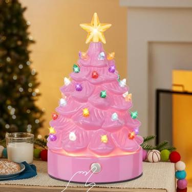 Imagem de Brightever Pequena decoração de árvore de Natal – luminária de mesa recarregável por USB, 18 cm A regulável, resina rosa, enfeite de mesa vintage, com lâmpadas de LED multicoloridas, luz noturna com