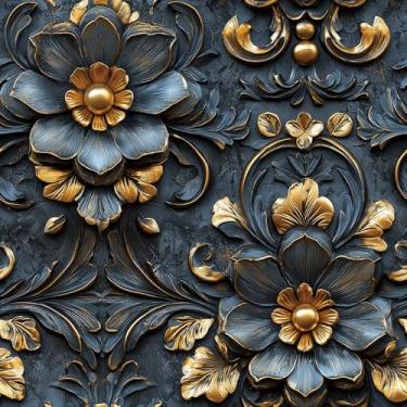 Imagem de Stickyart Papel de parede floral dourado azul escuro 3D, descascar e colar, papel de contato de flores barrocas de luxo, autoadesivo, vintage, metálico, dourado, papel de parede em relevo, removível