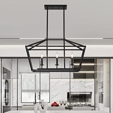 Imagem de XILICON Luminárias para sala de jantar sobre a mesa, lustre preto com 3 luzes de fazenda preto com pingente linear industrial preto para cozinha ilha vela lustre