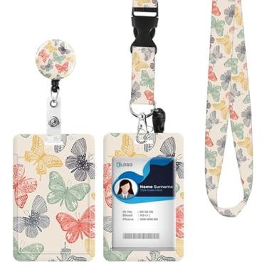 Imagem de Porta-crachá de identificação com cordão retrátil e chaveiro, carretel de crachá com clipe de mosquetão giratório, etiqueta de nome de cartão de borboleta de rabisco, cordão protetor de identidade