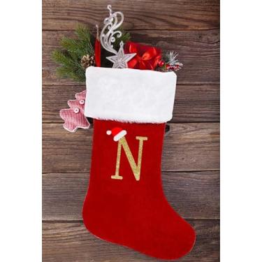 Imagem de Meia inicial grande de Natal Glodecart para crianças em família, bordado letra N vermelho veludo monograma meia de Natal para pingente de Natal, enfeites de pendurar em casa, decoração de festa, meia