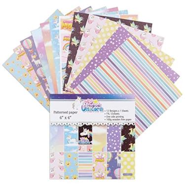 Imagem de 12 folhas de blocos de papel para scrapbook, 12 designs de 15,2 x 15,2 cm, papel de cartolina padronizado em um lado, papel decorativo de 160 g/m², bloco de recortes para projetos DIY (arco-íris e