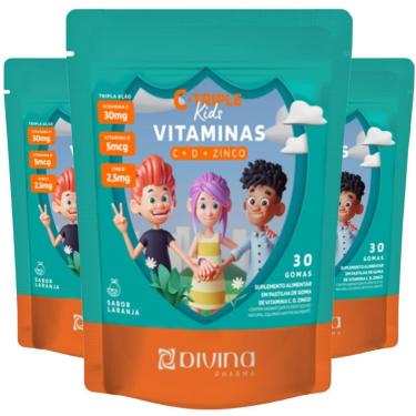 Imagem de COMBO 3 C-TRIPLE KIDS VITAMINAS C + D + ZINCO 30 GOMAS CADA TOTAL 90 GOMAS LARANJA – DIVINA-Unissex