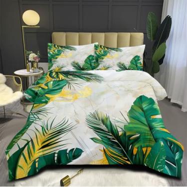 Imagem de CCoutueChen Jogo de cama Queen com 3 peças, folha de palmeira tropical, textura de mármore dourado branco, design de estilo sujo gasto, edredom botânico verde ultramacio com 2 fronhas