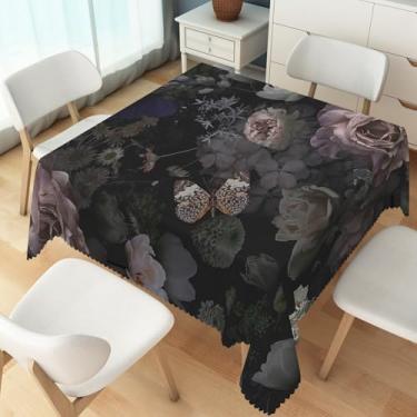 Imagem de TTQYFNM Toalha de mesa quadrada floral preta 152 x 152 cm flores retrô rosa rústica peônia folhas vintage primavera planta boho capa de mesa para cozinha, jantar, sala de estar, decoração de casa