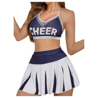 Imagem de SHENHE Women's Cheerleader Costume Cosplay Lingerie 2 Piece Halter Crop Top Skater Skirt Roleplay Set Blue and White Medium