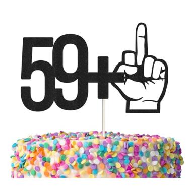 Imagem de Topo de bolo 59+1, decorações engraçadas de festa de aniversário de 60 anos, topo de bolo de feliz aniversário de 60 anos para homens, glitter preto 60 decorações de festa de aniversário para homens