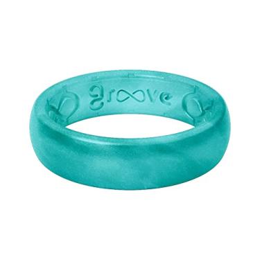 Imagem de Groove Life Anel de casamento de silicone para mulheres – anéis de borracha respirável para mulheres, cobertura vitalícia, design exclusivo, anel feminino de ajuste confortável – fino metálico, Ocean, 10