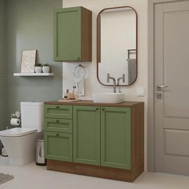 Imagem de Conjunto Gabinete Para Banheiro 110cm 3 Gavetas 3 Portas Vik Madesa 01 Rustic-verde