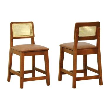 Imagem de Kit 2 Banquetas Baixa-cadeira Gabi Madeira Maciça Encosto Telinha - Amêndoa Assento Estofado Corano Marrom Mescla