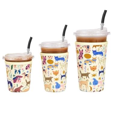 Imagem de Cavllson Suporte de copo reutilizável de neoprene isolado para bebidas geladas café gelado para Starbucks Coffee, McCafe, Dunkin Donuts, Tim Hortons e mais, cães de desenho animado - pacote com 3