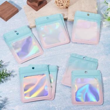 Imagem de 40 unidades de sacos de plástico holográfico com zíper 12 x 9 cm gradiente com glitter, bolsa de embalagem resselável, bolsa de presente para joias, contas, berloques, Natal, Ano Novo (rosa)