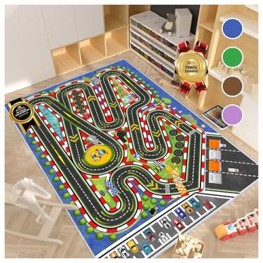 Imagem de Fuzorise Tapete de corrida infantil para carro, estrada, tapete de brincar para quarto de crianças, educacional, rodovia, rodovia, rodovia (azul, 0,8 m x 1,2 m)