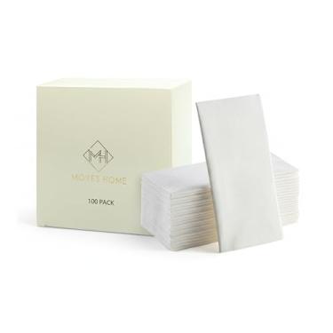 Imagem de Pacote com 100 guardanapos de papel branco | Pano descartável com sensação de linho como guardanapos de jantar | Toalhas de mão | Guardanapos de mão de papel macios, absorventes para cozinha, banheiro