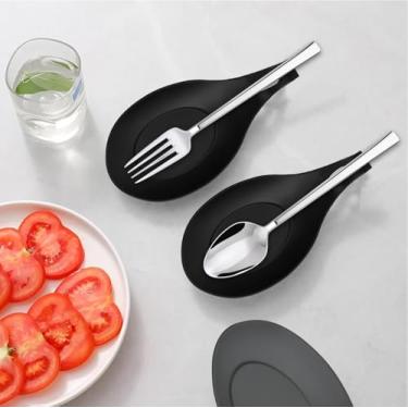Imagem de 2 peças de descanso de colher para fogão, suporte de colher de descanso de silicone flexível resistente ao calor para utensílios de cozinha para fogão – para espátula, concha, escova (preto)