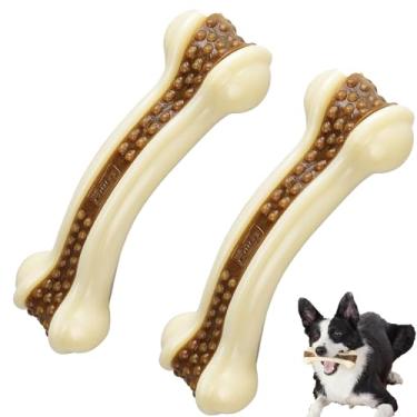Imagem de BETTEPROD Brinquedos para mastigar ossos de cachorro para mastigar agressivos, pacote com 2 brinquedos de mastigar com sabor real de carne bovina, brinquedos indestrutíveis para cães grandes/médios