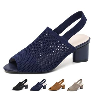 Imagem de OXNEUHG Sandálias femininas de malha Peep Toe Slingback salto grosso com tira no tornozelo, moderno, bico fino, recortado, sem costas, salto alto, verão, casual, trabalho, escritório, casamento