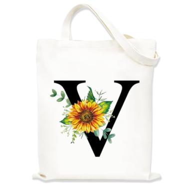 Imagem de Sacolas de lona estampadas para mulheres, sacolas de compras de lona, sacola de compras reutilizável para viagens, compras, trabalho, academia - Letra V