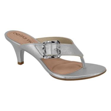 Imagem de Tamanco Feminino Beira Rio Conforto Salto Fino Médio Fivela, Prata, 36