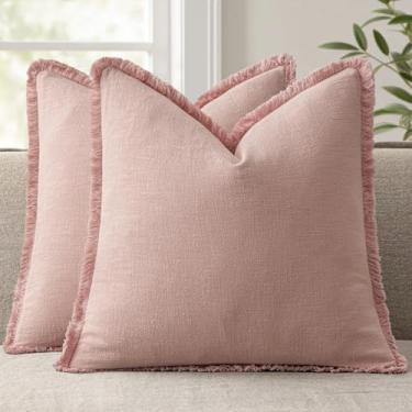 Imagem de ANRODUO Conjunto de 2 capas de almofada decorativas 45,7 x 45,7 cm de linho macio franja casa de fazenda boho vintage fronhas com borlas para sofá, cama, sala de estar, outono, decoração de casa, rosa