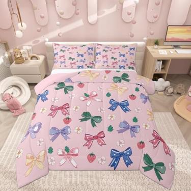 Imagem de Castle Fairy Conjunto de edredom infantil colorido com laço, estampa de princesa, reversível, para decoração de quarto de adolescentes, floral, morango, fruta, rosa, acolchoado, 1 fronha