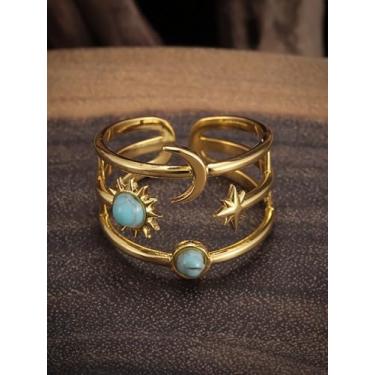 Imagem de Anéis de ouro grossos para mulheres, anel de noivado empilhável com moissanite, joia de compromisso turquesa boêmia, Medium, Latão, Sem pedra preciosa