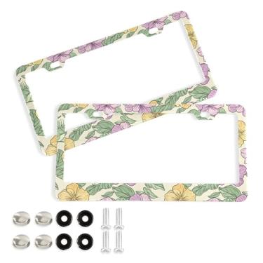 Imagem de SEHANY Molduras de placa de licença de flores florais coloridas, capas de moldura de placa de carro de alumínio à prova de ferrugem com orifícios elípticos e parafusos serve para veículos padrão dos