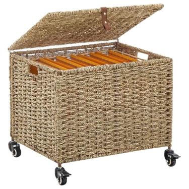 Imagem de LGENHOOM Cesto de arquivo com rodízios de borracha lisa, organizador de arquivos móvel de algas marinhas com moldura de metal para escritório em casa, serve para pastas de arquivos suspensas de cartas