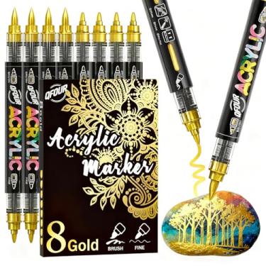Imagem de QFOUR 8 canetas douradas, marcadores dourados, marcadores de tinta acrílica fina e ponta de pincel para vidro, rocha, madeira, tecido, plástico e cerâmica, decorações de Natal