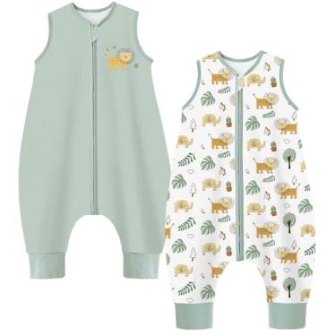 Imagem de Chilsuessy Saco de dormir para bebês com pés 1.0 TOG, cobertor vestível 100% algodão orgânico, pacote com 2 sacos de dormir recém-nascidos com zíper bidirecional, 3-4 T, verde e leão