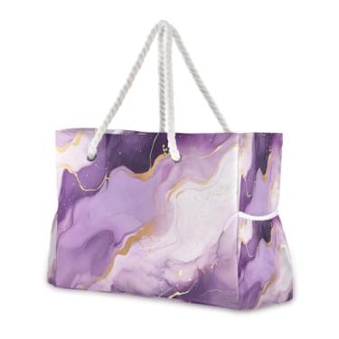 Imagem de Wassud Bolsa de praia dourada roxa mármore grande bolsa de praia para mulheres, impermeável, à prova de areia, bolsa de viagem com zíper e bolso para piscina academia acampamento