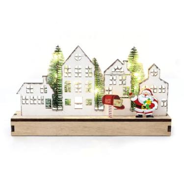 Imagem de DERAYEE Decoração de árvore de Natal iluminada com LED de Natal, placa de madeira de feliz Natal, bloco de mesa rústico para casa de fazenda