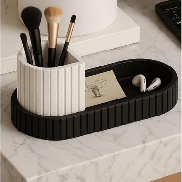 Imagem de As caixas organizadoras de mesa Porta Caneta, caixas para cosméticos e pequenas joias são ideais para cozinhas, salas de estar, quartos e decorações de estilo moderno(Preto com mármore)