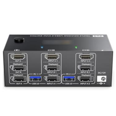Imagem de Switcher KVM USB 3 0 Dois Entradas Três Saídas Suporta 8K 30Hz 4K 144Hz Displayport com Controle Remoto Fio e 4 Cabos Incluídos Compatível Linux