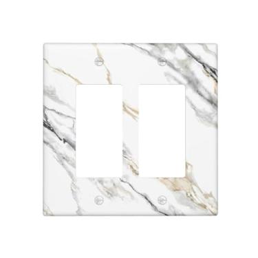 Imagem de Tulpock Capa de interruptor de luz de mármore branco cinza decorativo 2 Gang Double Rocker placa de parede Switchpalte tomada elétrica para banheiro, cozinha, casa, 11,7 x 11,4 cm