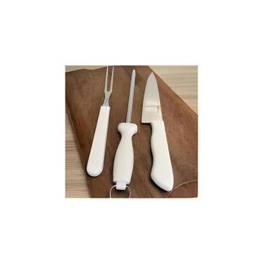 Imagem de Kit 3 Peças Para Churrasco, Faca Garfo Chaira, Aço Inox, Cabo Branco, 30cm x 2,5cm