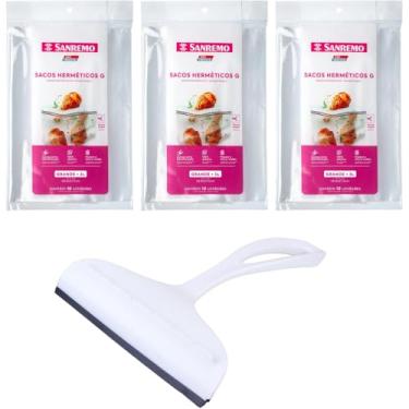 Imagem de Conjunto de 1 Rodo Plástico Multiuso Branco com Raspador 18cm + 3 Saco Abre e Fecha Hermético de 3 Litros