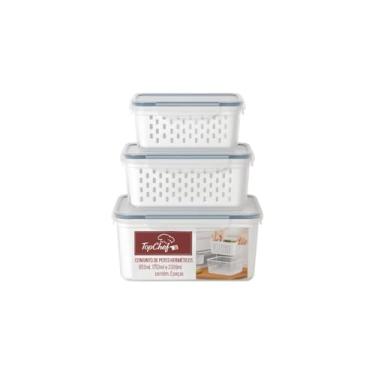 Imagem de Conjunto 3 Potes Herméticos com Cesto, Plástico Transparente e Azul, 850ml 1750ml 3300ml, Retangular, com Vedação