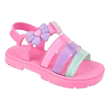 Imagem de Sandália Papete Menina Rosa Tiras Coloridas Infantil Jully Chinelo Fechamento Ajustável Confortável Feminimo (BR, Criança de 4 a 8 anos, Numérico, 27.5)