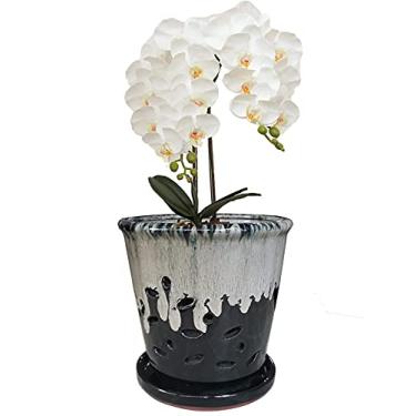 Imagem de Vasos redondos de cerâmica para orquídeas com furos de 15 cm, pote de orquídea de cerâmica com pires, vaso de cerâmica com furos, panela de borboleta, pires de janela, decoração contemporânea para casa