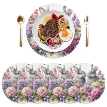 Imagem de Conjunto de 6 tapetes de jantar florais pastel da Bunnies, 38 cm, lavável, jogo americano de mesa de PVC, para mesa de jantar, mesa de cozinha