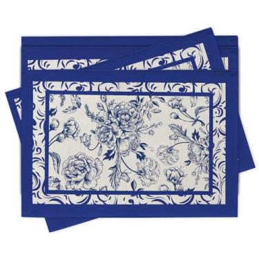 Imagem de Croar Jogo americano chinês de flor azul e branca, conjunto de 4, tapetes de jantar florais vintage peônia, decoração de mesa, primavera, verão, decoração de cozinha, 30,5 x 45,7 cm