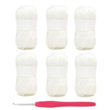 Imagem de Fio de algodão leiteiro de 5 camadas, 6 rolos de novelos de fio de algodão de leite macio com ganchos de crochê para boneca, suéter, chapéus, cachecol (branco)