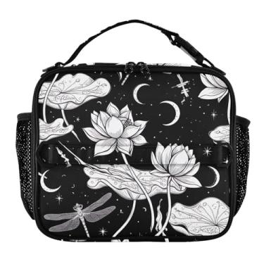 Imagem de Joisal Lancheira branca com flores de lótus libélulas para mulheres, meninas, lancheira masculina e infantil, lancheira para trabalho, bolsa térmica para alimentos portátil para adultos