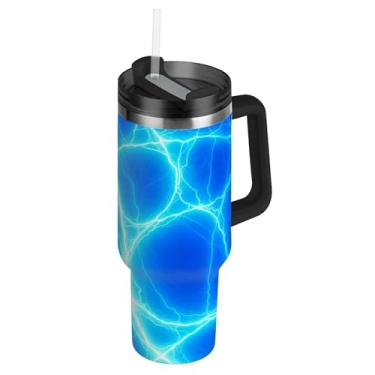 Imagem de Joisal Copos de aço inoxidável com tampas e canudo elétrico azul relâmpago brilhante carros copo de café bebida quente copo térmico com alça garrafas de água isoladas de 850 g