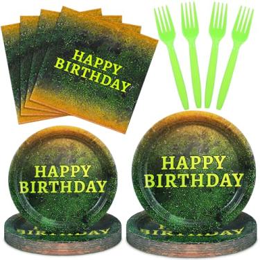 Imagem de Yungyan Pratos de papel descartáveis e guardanapos, garfos, conjunto de utensílios de mesa de chá de bebê, decoração de louça para artigos de festa de aniversário de verão (aniversário, 24 conjuntos)