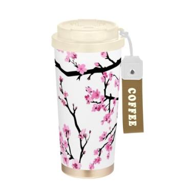 Imagem de Caneca de viagem de café 40 ml com canudo e tampa de filp, copos de parede dupla isolados a vácuo com revestimento cerâmico, rosa flor de cerejeira branca
