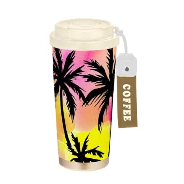 Imagem de TSENQUE Caneca de café de viagem de 473 ml com tampa de canudo e filp, copo de parede dupla isolado a vácuo com revestimento cerâmico, palmeiras pretas aquarela, cucoloris