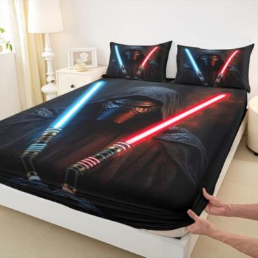 Imagem de Jogo de lençol Queen com sabre de luz, estilo neon, azul e vermelho, para decoração de quarto de crianças, meninos e adolescentes, 3 peças, lençol com elástico preto de ficção científica, 2 fronhas